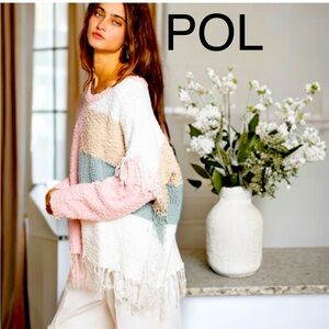 BP31🤍🌸NEW! POL perfect pastel soft sweater w/fringe detail+boho appeal🌸🤍